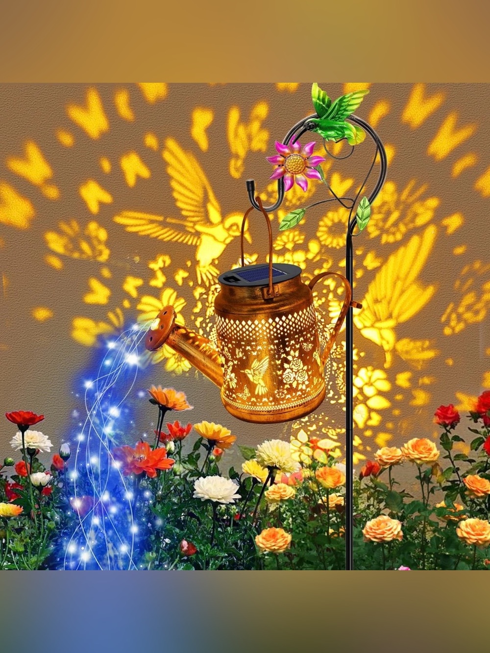 Solar Metal Watering Can Lantern with Hummingbird Projection - Copper